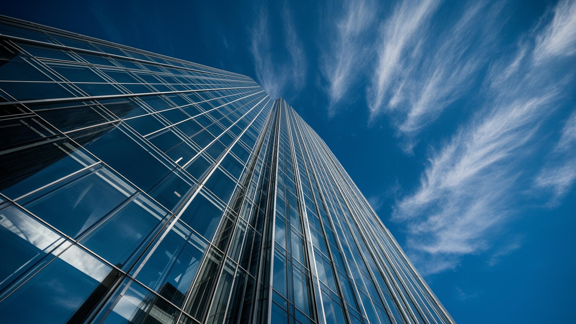 Modern glass skyscraper reaching towards the sky