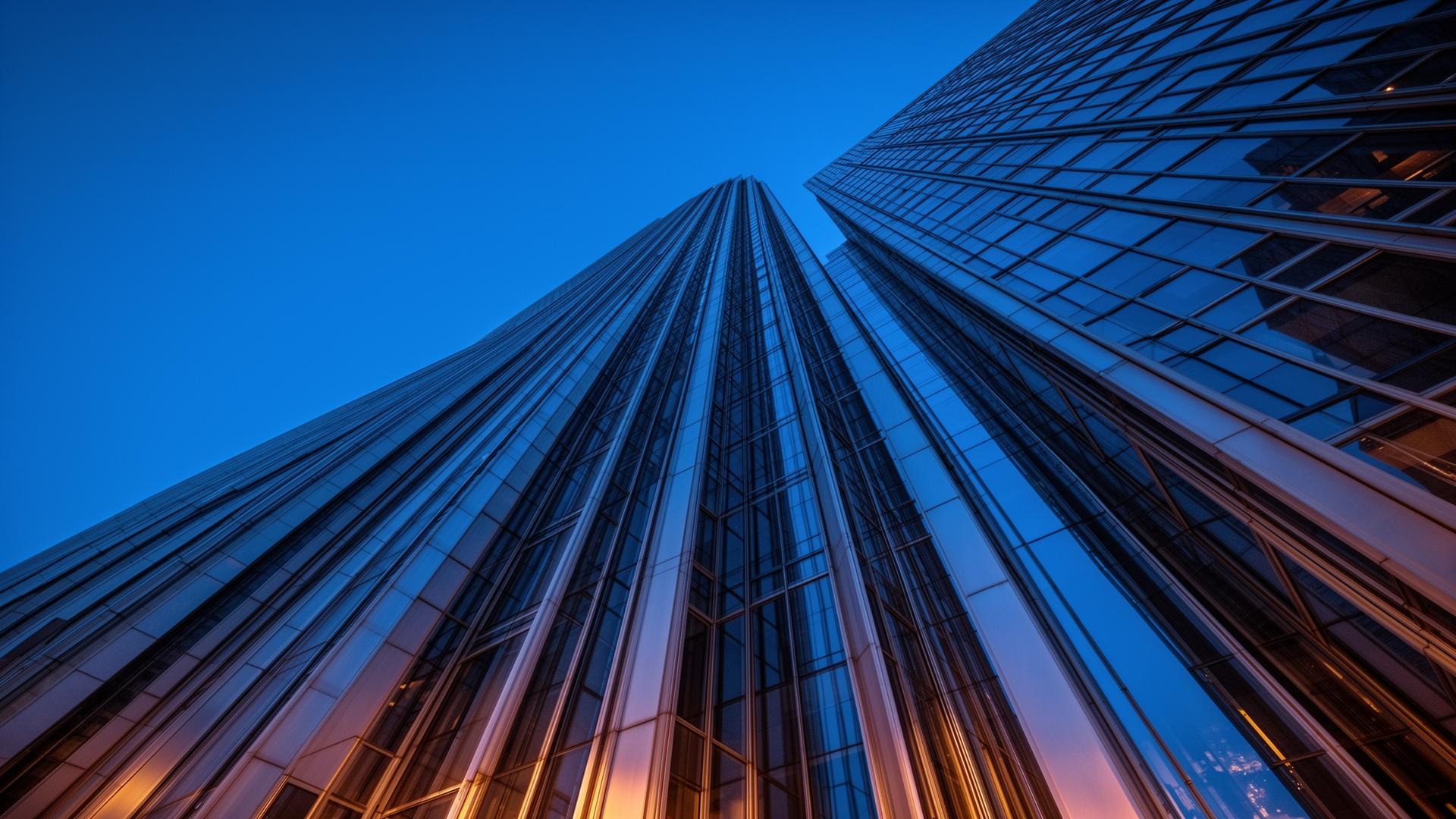 Dramatic view of a skyscraper at dusk